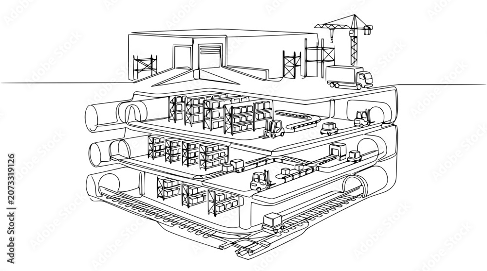Fototapeta premium Underground warehouse logistics, 3D cross-section, construction, transport, storage, distribution center