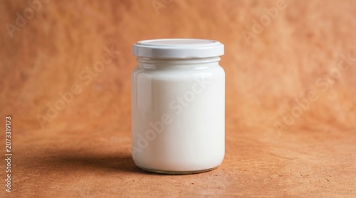 A white jar sits on a wooden table against a wooden background.