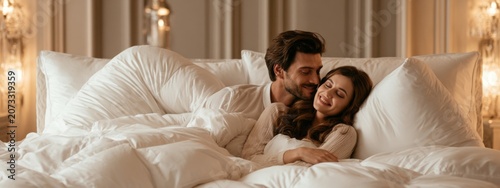 Romantic Couple Enjoying Restful Sleep in Elegant Bedroom with Soft Textiles and Cozy Atmosphere
