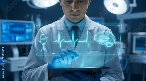 Doctor using futuristic digital tablet with holographic medical interface showing dna, ekg, and brain scan