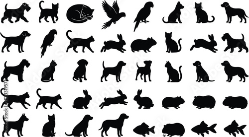 Photography Black silhouette of various animals in a repeating pattern on white background,