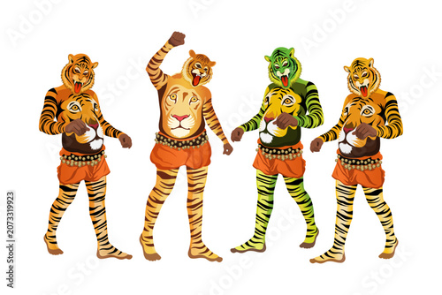 Puli Kali tiger dance artists vector illustration, Kerala culture folk art for Onam festival celebration. Vector Illustration