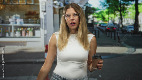 Fotografie Young woman with long blond hair holding a takeaway coffee cup and wearing clear glasses on a city street in front of a cafe storefront; annoyance waiting
