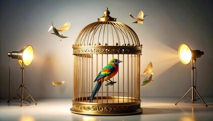 Ornate gilded birdcage holding a vibrant exotic bird with other birds flying around