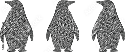 Obraz na płótnie A set of three penguin silhouette icons featuring a unique hand-drawn scribble texture
