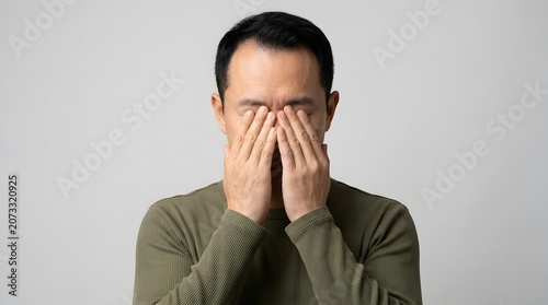Man Rubbing Eyes with Both Hands Feeling Tired Stressed and Exhausted on White Background