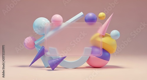 Abstract geometric shapes composition with colorful spheres and design elements