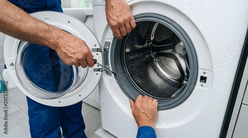 Professional Technician Repairman in Blue Uniform Repairing Washing Machine Door with Screwdriver in Laundry Room