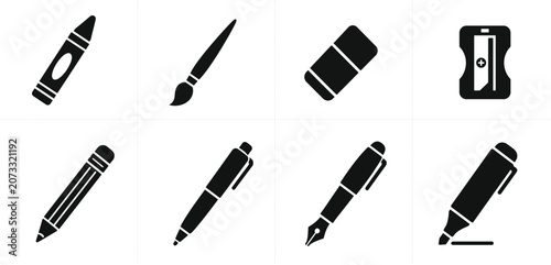 School Stationery Glyph Icons Collection – Pencil Pen Fountain Pen Marker Crayon Paint Brush Eraser Sharpener