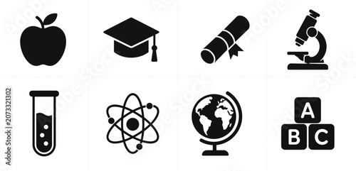 Education Science Glyph Icons Collection – Apple Graduation Cap Diploma Microscope Test Tube Atom Globe Alphabet Blocks