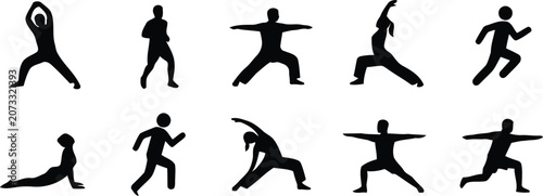 Foto Black silhouettes of people doing yoga and dance poses