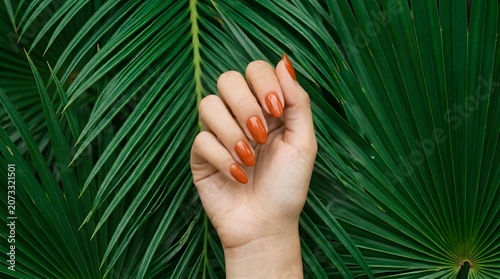 Elegant Terracotta Orange Almond Gel Nails on Female Hand Against Tropical Green Palm Leaf Background Summer Beauty