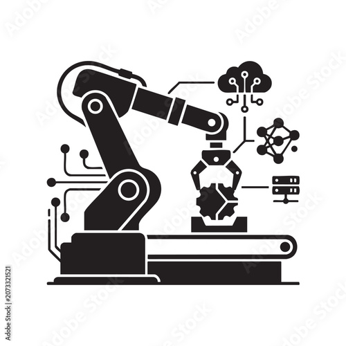 Industrial robotic arm with gripper on factory conveyor belt vector silhouette connected to cloud computing server database and AI automation network