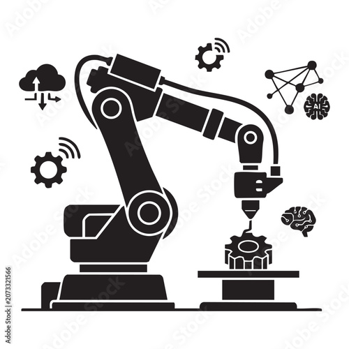 Industrial robotic arm vector with factory automation smart manufacturing cloud computing and artificial intelligence engineering tech silhouette