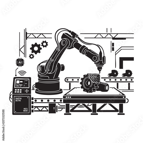 Industrial robotic arm vector on factory conveyor belt with smart automation control panel mechanical engineering and AI manufacturing silhouette