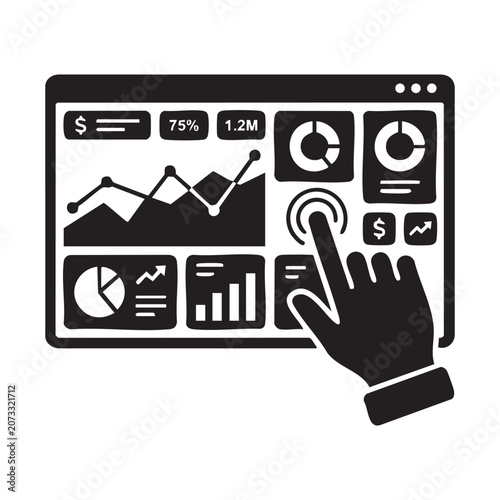 Business analytics dashboard vector with hand clicking financial interface analyzing digital web screen data charts and corporate growth statistics