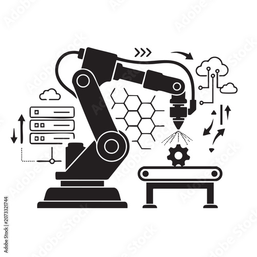Industrial robotic arm laser welding on factory conveyor belt vector silhouette connected to cloud server database and smart manufacturing automation network