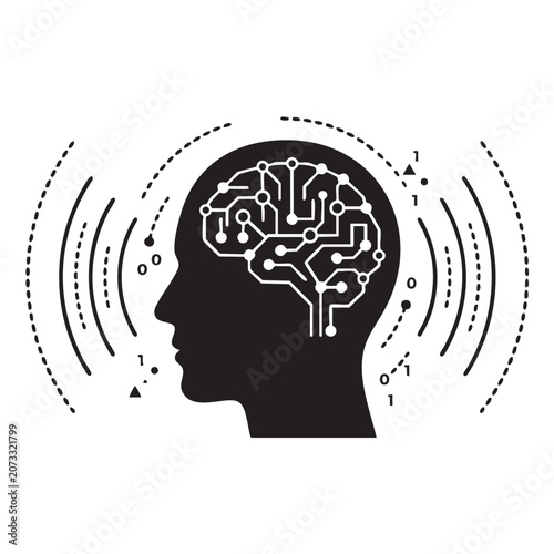 Artificial intelligence AI brain network vector with human head silhouette electronic circuit board digital mind cyber and technology signal lines