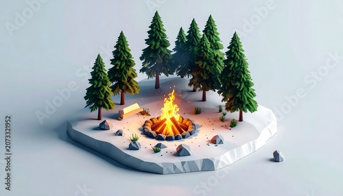 Campfire in forest 3D illustration scene.