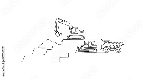 Construction site illustration with excavator, bulldozer, and dump truck in continuous line drawing style.