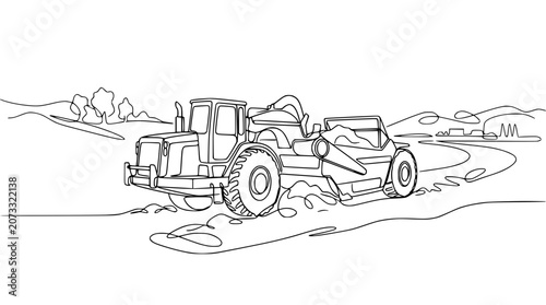 Quadro em tela Continuous line drawing of a scraper earthmover working on a construction site