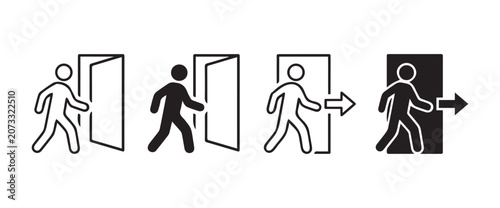 Emergency exit and entry door icon set with walking person and arrow vector silhouettes	