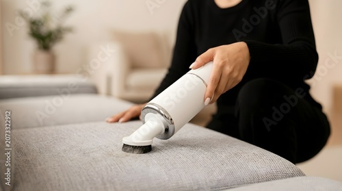 Woman Using Cordless Handheld Vacuum Cleaner to Clean Gray Fabric Sofa in Modern Living Room