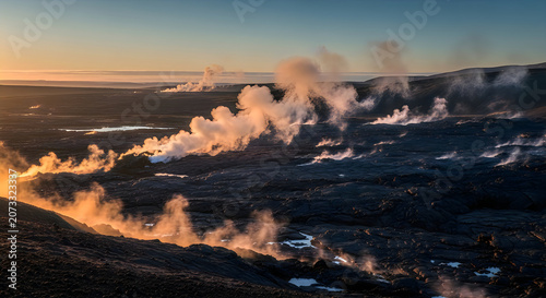 Dramatic volcanic eruption with lava flowing down mountain at dusk