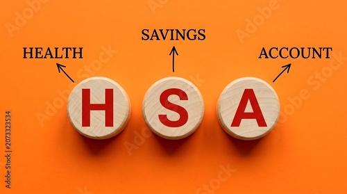 HSA Health Savings Account Concept with Wooden Letter Blocks and Arrows on Bright Orange Background