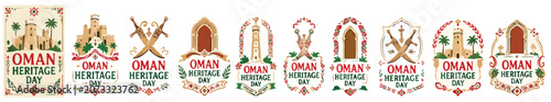 Foto Oman Heritage Day vintage emblem collection, 11 traditional Omani cultural icons