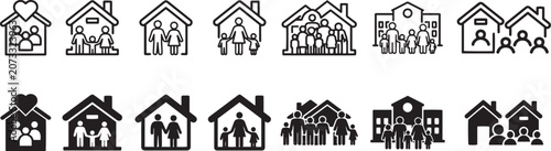 Tableau sur toile Family outline icons and solid silhouette vectors, depicting various family stru
