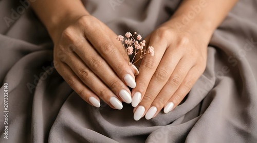 Elegant White Almond Nails with Pink Dried Flowers on Soft Gray Fabric Minimalist Beauty Photography