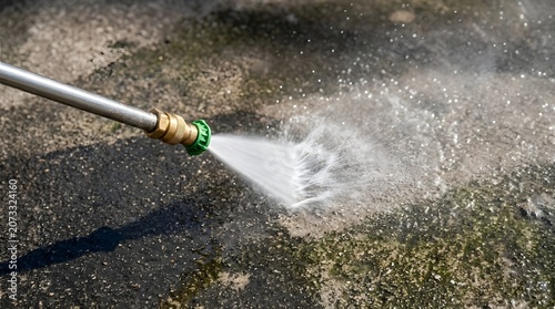 Pressure Washer Nozzle Spraying High Pressure Water Jet on Dirty Concrete Surface