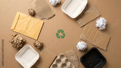 Recyclable Waste Materials and Green Recycling Symbol Flat Lay on Brown Background