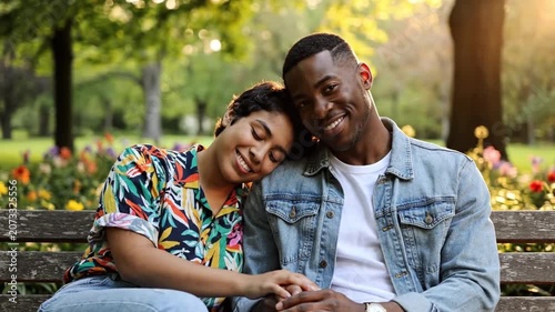 Young Couple Holding Hands On Bench During Golden Hour In Park, Smiling And Sharing Affectionate Gaze, Woman Rests Head On Mans Shoulder, Casual Denim Jacket And Colorful Floral Shirt, Flowers