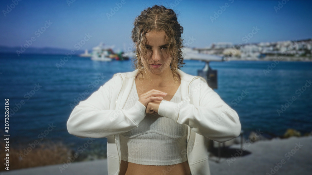 Fototapeta premium Woman with visible navel piercing clasping hands at chest beside a harbor, wearing white crop top and zip hoodie, curly hair framing face and midriff exposed; confidence.