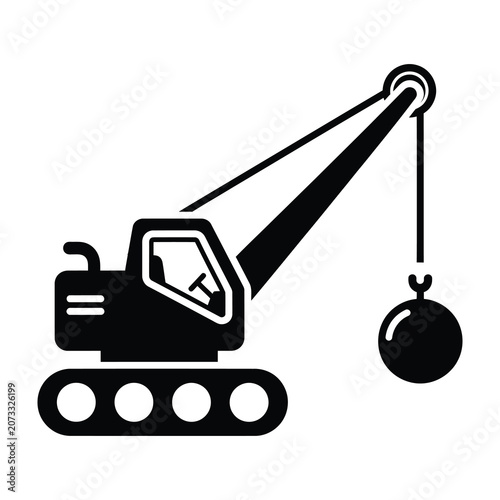 Fotografie Demolition excavator with wrecking ball crushing construction site equipment