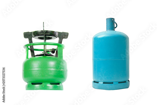 Obraz na plátně Green gas stove integrated with blue pressurized gas cylinder container