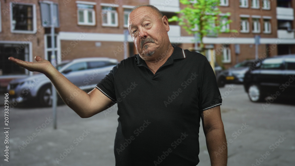 Fototapeta premium Senior man holds open palm gesture on urban street beside parked cars and brick apartment building; resignation contemplation.