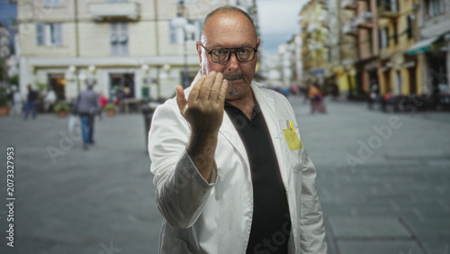 Cuadro en lienzo Man doctor in white lab coat wearing glasses and pocket pens beckons with hand palm forward on busy street plaza; invitation authority