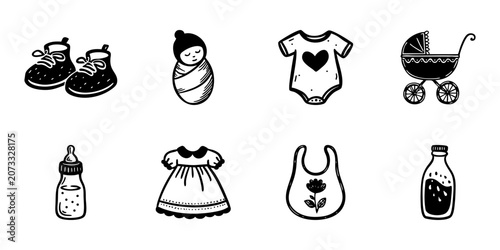 Baby Essentials Icon Set In Hand Drawn Style. Newborn Care, Clothing, Accessories Doodle Sketch Collection. Infant Shoes, Swaddle, Onesie, Stroller, Bottle, Dress. Isolated Vector Illustration