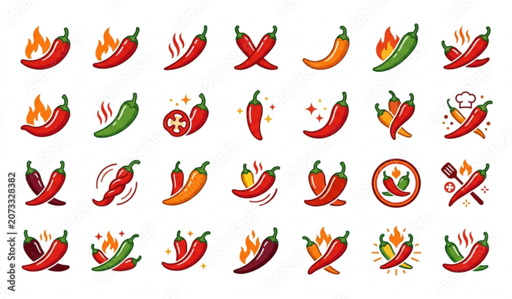 Obraz premium Spicy Chili Pepper Icon Collection with Fire Hot Food Symbol Variations