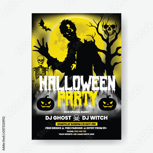 Fotografie Halloween party flyer poster template featuring a terrifying zombie and skull am