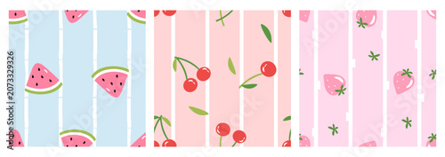 Cute fruit seamless pattern collection with watermelon, cherries and strawberries on pastel striped backgrounds, sweet summer food illustration for fabric, wallpaper and stationery.
