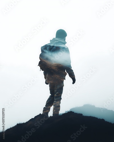 A silhouette of a person standing on a hill blends with a misty mountainous landscape, creating a surreal double exposure effect.