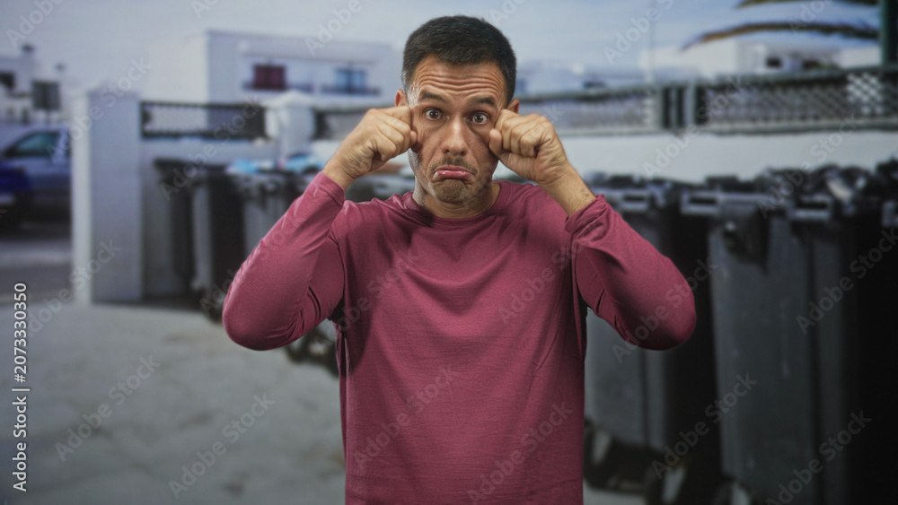 Fototapeta premium Man rubs eyes with fingers and pouts in a maroon shirt on a street beside dumpsters and bins; tired solitude.