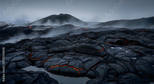 Aerial view of rugged volcanic landscape with lava field