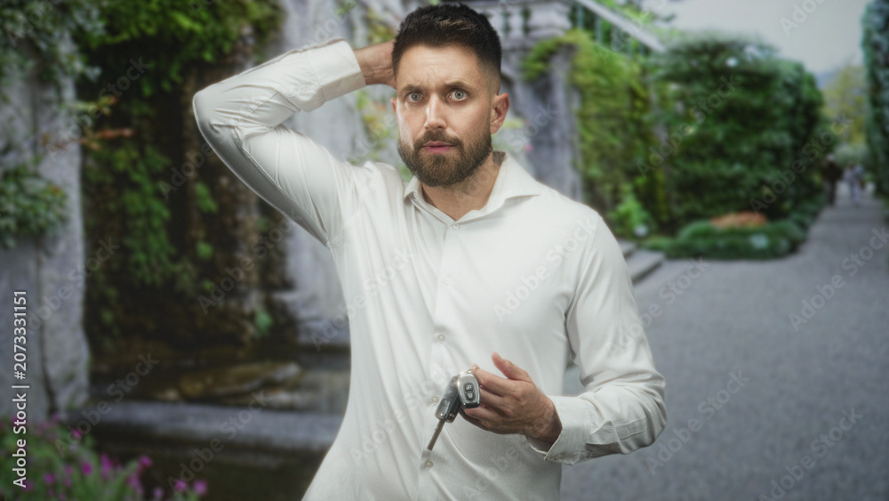 Fototapeta premium Man with beard in white shirt holding car keys scratches back of head on a street near stone fountain and lush greenery; thoughtful hesitation.