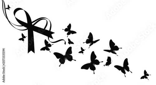 Tableau sur toile Butterflies and ribbon bow black silhouette butterfly