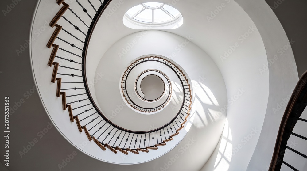 Fototapeta premium Spiral staircase from above — minimal white walls, shadow geometry, natural light